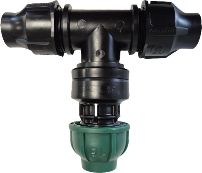 Overgangskoppeling T-stuk PE 16mm naar druppelslang